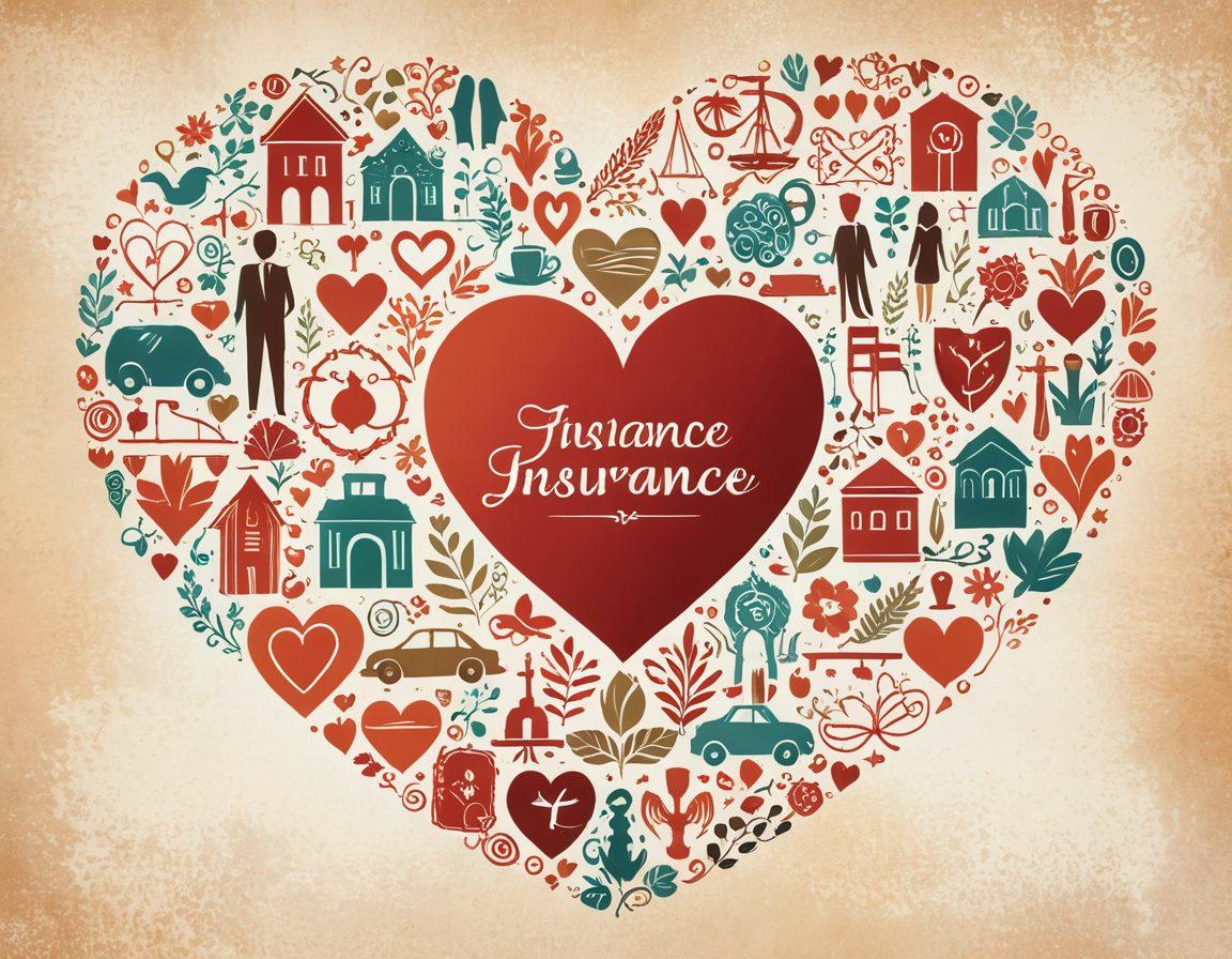 A heart-shaped collage of various insurance symbols intertwined with images of couples sharing loving moments, depicting security and connection. Use warm colors to evoke feelings of love and trust, with subtle details illustrating life milestones like weddings and family. Include a soft background that suggests unity and support. romantic illustration. vibrant colors. soft focus.