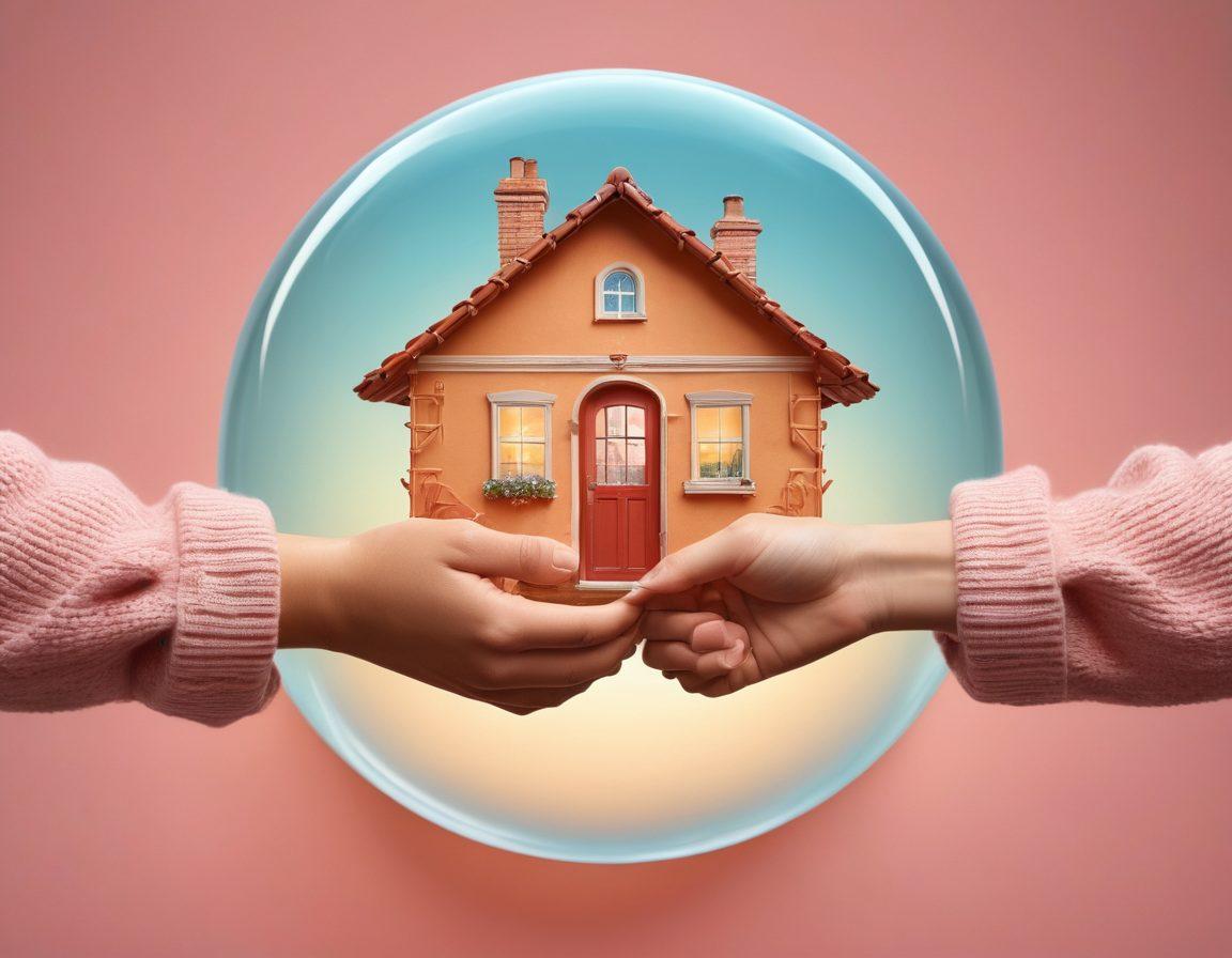 A warm, inviting scene depicting a couple holding hands, surrounded by a protective shield symbolizing love and security. Incorporate elements of home, health, and travel insurance represented through icons like a heart, a house, and a globe seamlessly integrated into the shield. The background should be soft with pastel colors, evoking a sense of safety and care. super-realistic. vibrant colors. soft pastel background.